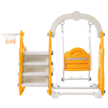 US 4 In 1 Toddler Slide Swing Set Freestanding Slide Climber Playset With Basketball Hoop Indoor Outdoor Playground Equipment For Kids Gifts yellow