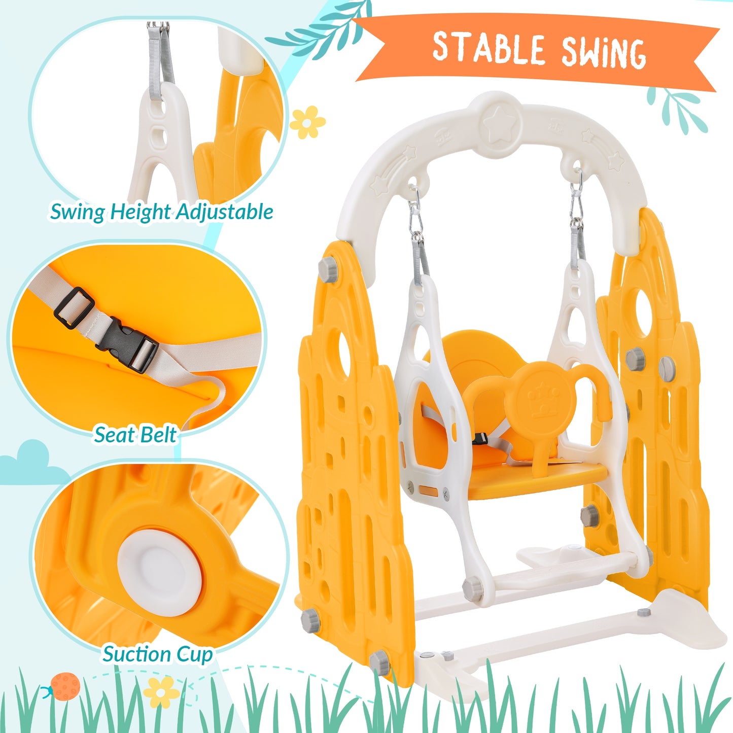US 4 In 1 Toddler Slide Swing Set Freestanding Slide Climber Playset With Basketball Hoop Indoor Outdoor Playground Equipment For Kids Gifts yellow