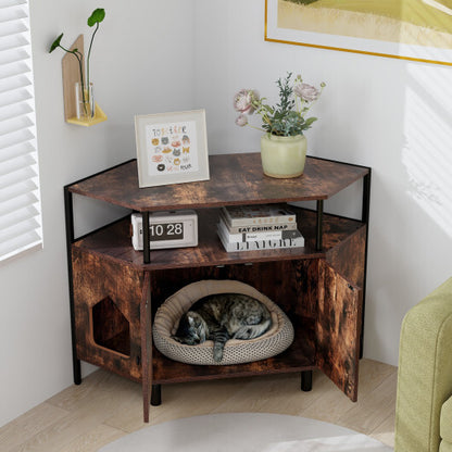 Corner Cat Litter Box Enclosure with Open Shelf 2 Entrances and Metal Legs-Rustic Brown - Color: Rustic Brown