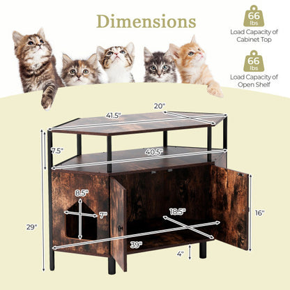 Corner Cat Litter Box Enclosure with Open Shelf 2 Entrances and Metal Legs-Rustic Brown - Color: Rustic Brown