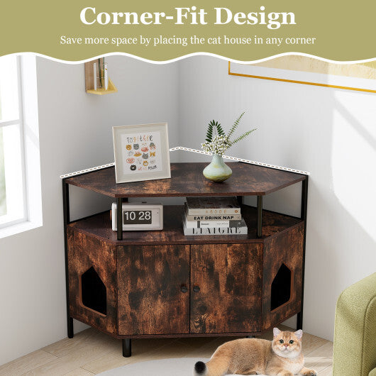 Corner Cat Litter Box Enclosure with Open Shelf 2 Entrances and Metal Legs-Rustic Brown - Color: Rustic Brown