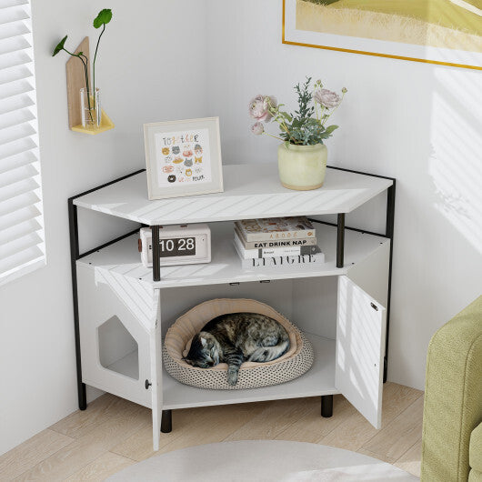 Corner Cat Litter Box Enclosure with Open Shelf 2 Entrances and Metal Legs-White - Color: White