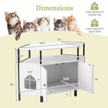 Corner Cat Litter Box Enclosure with Open Shelf 2 Entrances and Metal Legs-White - Color: White