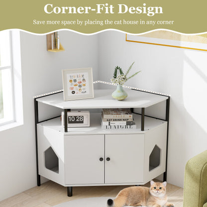 Corner Cat Litter Box Enclosure with Open Shelf 2 Entrances and Metal Legs-White - Color: White