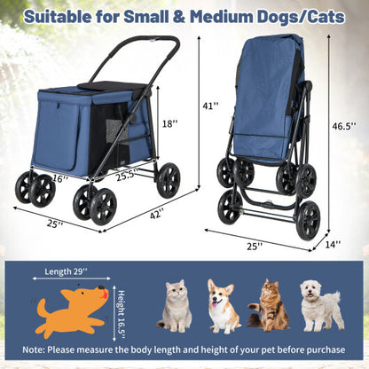 Folding Pet Stroller for Small and Medium Pets with Breathable Mesh andx One-Button Foldable-Gray