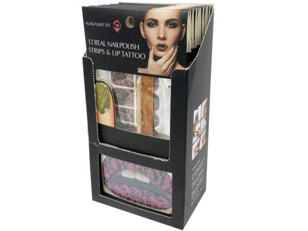 nakamachi 12 pack nail polish strips plus printed lip tattoo ( Case of 128 )