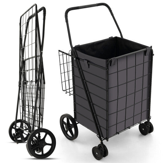 Folding Rolling Shopping Cart with Waterproof Liner and Basket-Black