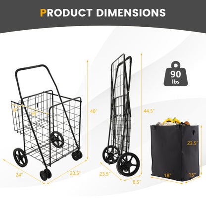 Folding Rolling Shopping Cart with Waterproof Liner and Basket-Black