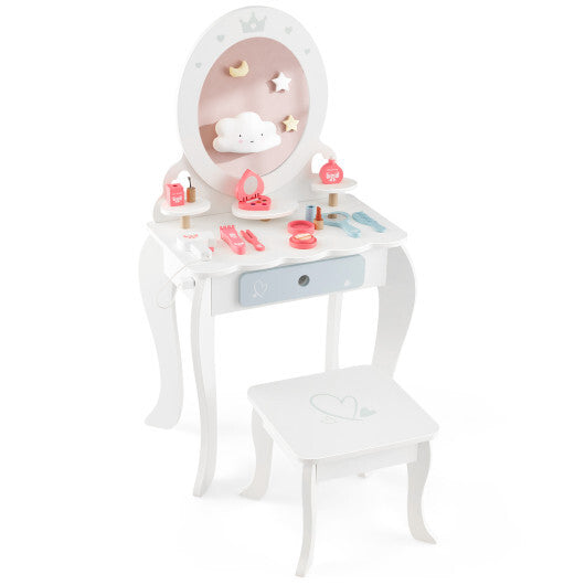 Kids 2-in-1 Princess Makeup Table and Chair Set with Removable Mirror-White - Color: White