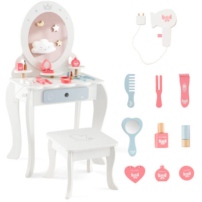 Kids 2-in-1 Princess Makeup Table and Chair Set with Removable Mirror-White