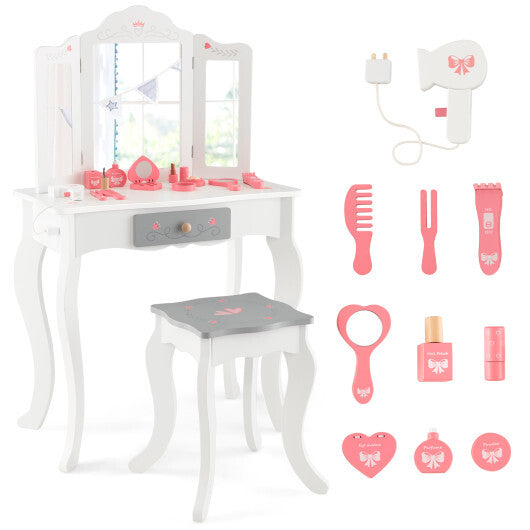 Kids Vanity Set with Tri-folding Mirror-White