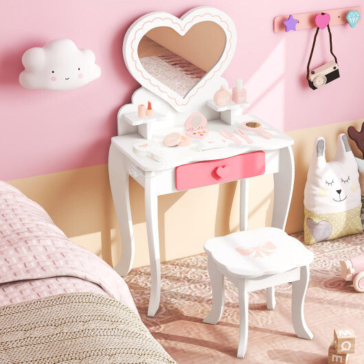 Kids Vanity Set with Heart-shaped Mirror-White