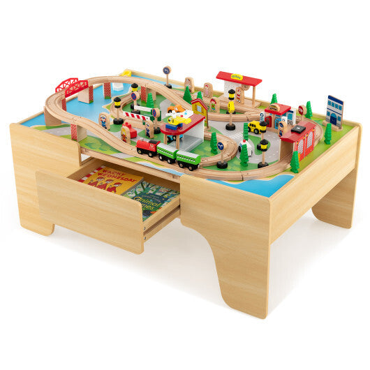 84-Piece Wooden Train Set with Reversible and Detachable Tabletop