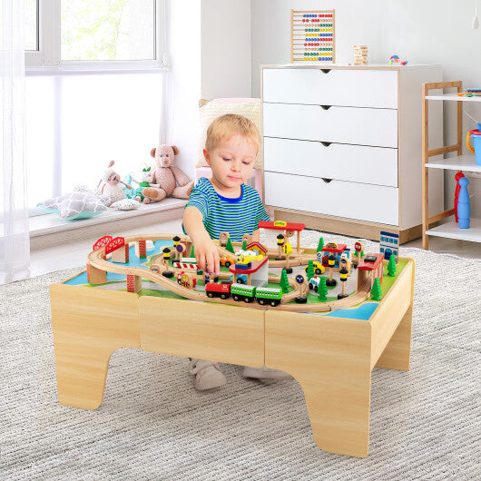 84-Piece Wooden Train Set with Reversible and Detachable Tabletop