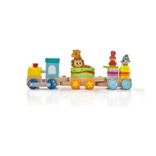 Wooden Stackable Educational Train Set with Colorful Animal Toys and Retractable Locomotive - Color: Multicolor