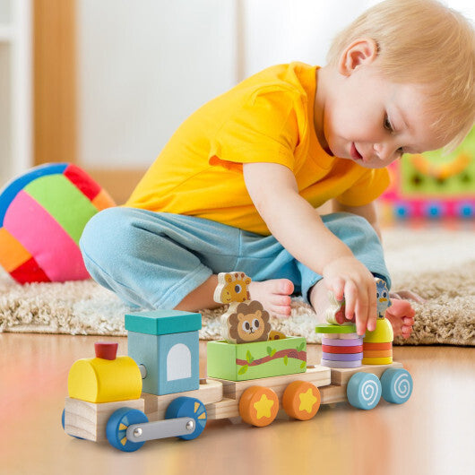 Wooden Stackable Educational Train Set with Colorful Animal Toys and Retractable Locomotive