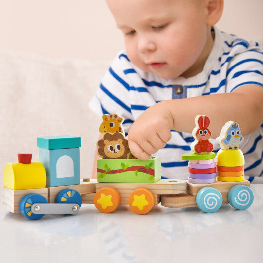 Wooden Stackable Educational Train Set with Colorful Animal Toys and Retractable Locomotive