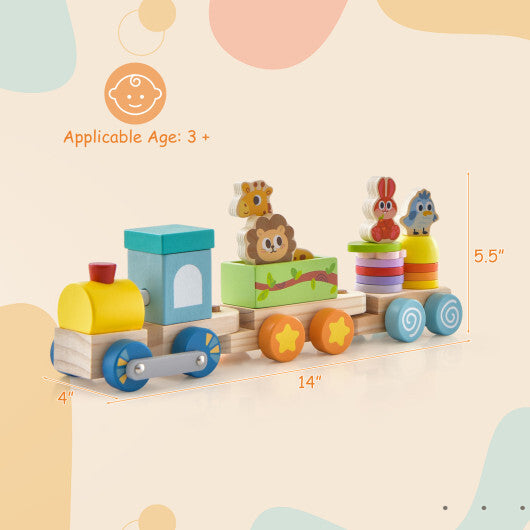 Wooden Stackable Educational Train Set with Colorful Animal Toys and Retractable Locomotive