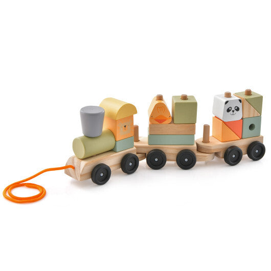 3-Section Toy Wooden Train Set with Stackable Building Blocks - Color: Multicolor