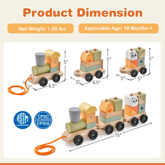 3-Section Toy Wooden Train Set with Stackable Building Blocks