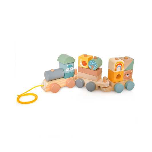 Wooden Toy Train Set with Stacking Wooden Blocks and Cute Animal Patterns - Color: Multicolor