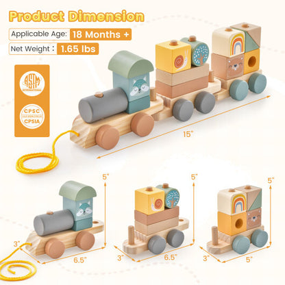 Wooden Toy Train Set with Stacking Wooden Blocks and Cute Animal Patterns - Color: Multicolor