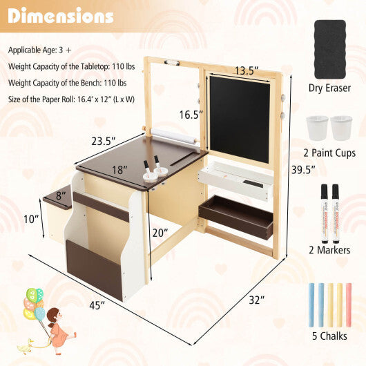 Kids Art Center Wooden Table Bench Set-Brown - Color: Brown