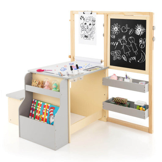 Kids Art Center Wooden Table Bench Set-Gray - Color: Gray