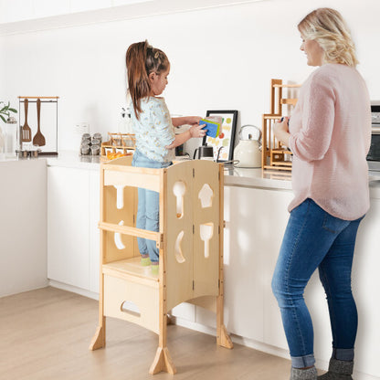 Folding Wooden Step Stool with Lockable Safety Rail for Toddler 3+-Natural - Color: Natural