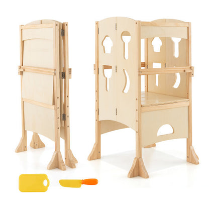 Folding Wooden Step Stool with Lockable Safety Rail for Toddler 3+-Natural - Color: Natural