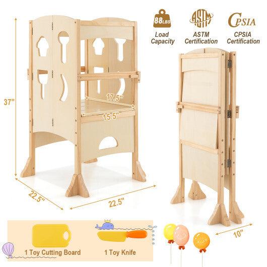 Folding Wooden Step Stool with Lockable Safety Rail for Toddler 3+-Natural - Color: Natural