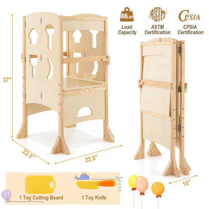 Folding Wooden Step Stool with Lockable Safety Rail for Toddler 3+-Natural - Color: Natural