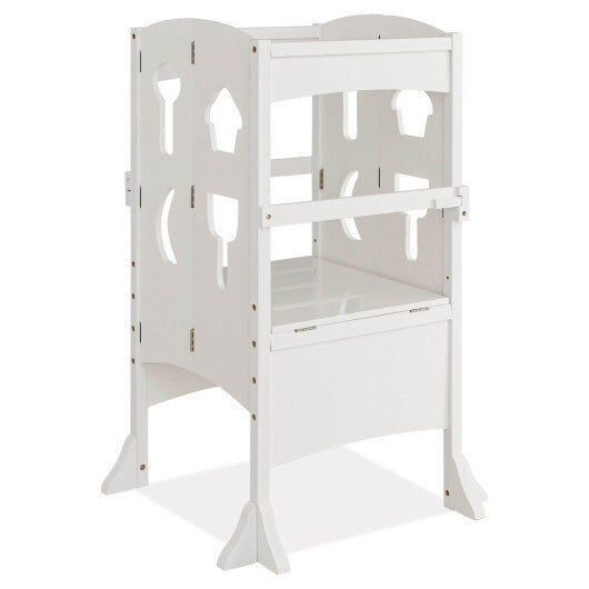 Folding Wooden Step Stool with Lockable Safety Rail for Toddler 3+-White - Color: White