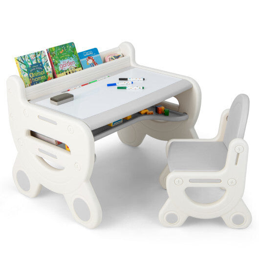 Kids Drawing Table and Chair Set with Watercolor Pens and Blackboard Eraser-Gray - Color: Gray