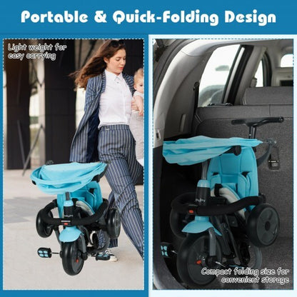 6-in-1 Foldable Baby Tricycle Toddler Stroller with Adjustable Handle-Blue - Color: Blue