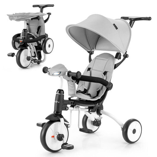 6-in-1 Foldable Baby Tricycle Toddler Stroller with Adjustable Handle-Gray - Color: Gray