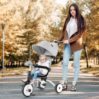 6-in-1 Foldable Baby Tricycle Toddler Stroller with Adjustable Handle-Gray - Color: Gray