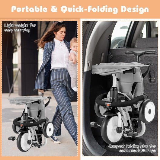 6-in-1 Foldable Baby Tricycle Toddler Stroller with Adjustable Handle-Gray - Color: Gray