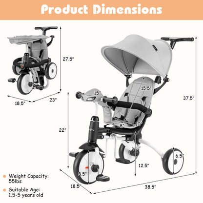 6-in-1 Foldable Baby Tricycle Toddler Stroller with Adjustable Handle-Gray - Color: Gray