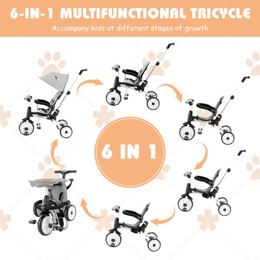 6-in-1 Foldable Baby Tricycle Toddler Stroller with Adjustable Handle-Gray - Color: Gray