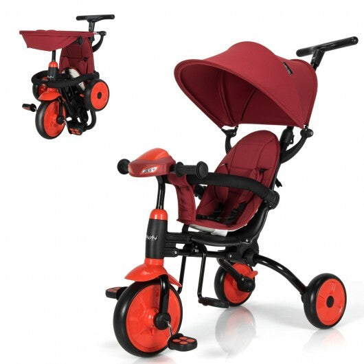 6-in-1 Foldable Baby Tricycle Toddler Stroller with Adjustable Handle-Red - Color: Red
