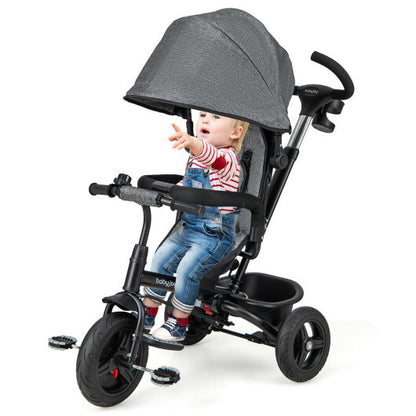 4-in-1 Baby Tricycle Toddler Trike with Reversible Seat and 5-Point Safety Harness-Gray - Color: Gray