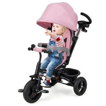 4-in-1 Baby Tricycle Toddler Trike with Reversible Seat and 5-Point Safety Harness-Pink - Color: Pink