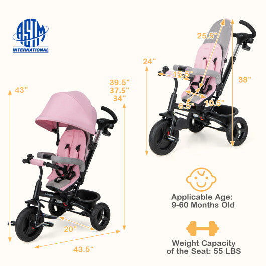 4-in-1 Baby Tricycle Toddler Trike with Reversible Seat and 5-Point Safety Harness-Pink - Color: Pink