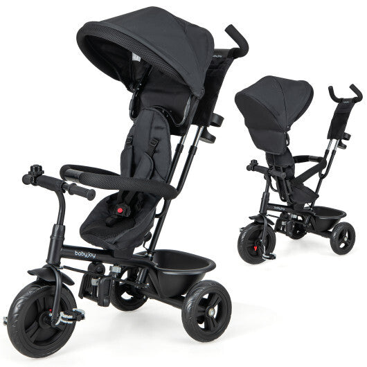 4-in-1 Baby Trike Kids Tricycle with Removable Canopy and Adjustable Push Handle-Black - Color: Black