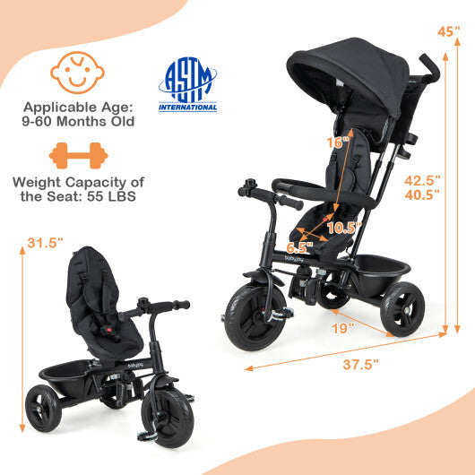 4-in-1 Baby Trike Kids Tricycle with Removable Canopy and Adjustable Push Handle-Black - Color: Black