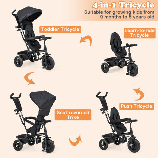 4-in-1 Baby Trike Kids Tricycle with Removable Canopy and Adjustable Push Handle-Black - Color: Black