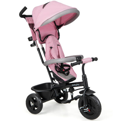 4-in-1 Baby Trike Kids Tricycle with Removable Canopy and Adjustable Push Handle-Pink - Color: Pink