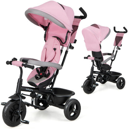 4-in-1 Baby Trike Kids Tricycle with Removable Canopy and Adjustable Push Handle-Pink - Color: Pink