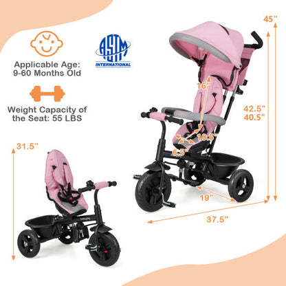 4-in-1 Baby Trike Kids Tricycle with Removable Canopy and Adjustable Push Handle-Pink - Color: Pink